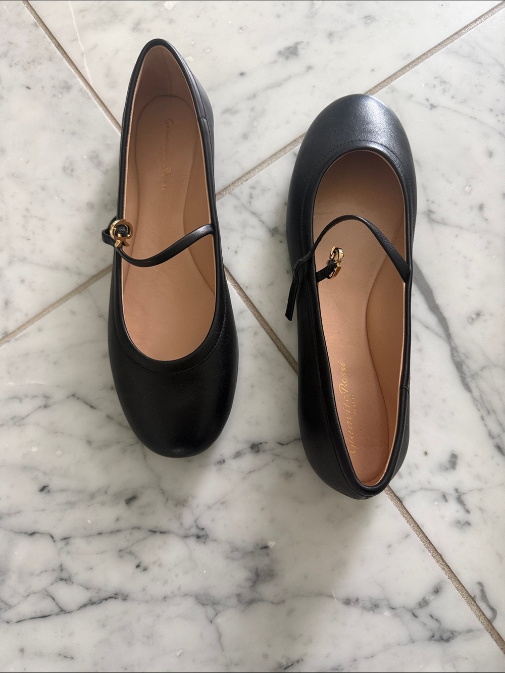Gianvito Rossi Black Leather Mary Jane Flats with Gold Buckle